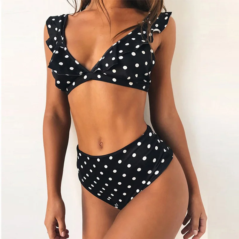 TCBSG New Arrival Push Up Bikinis Women Swimsuit Swimwear Ruffle Bandeau Brazilian Dot High Waist Bikini Set Biquini XL - Цвет: Black