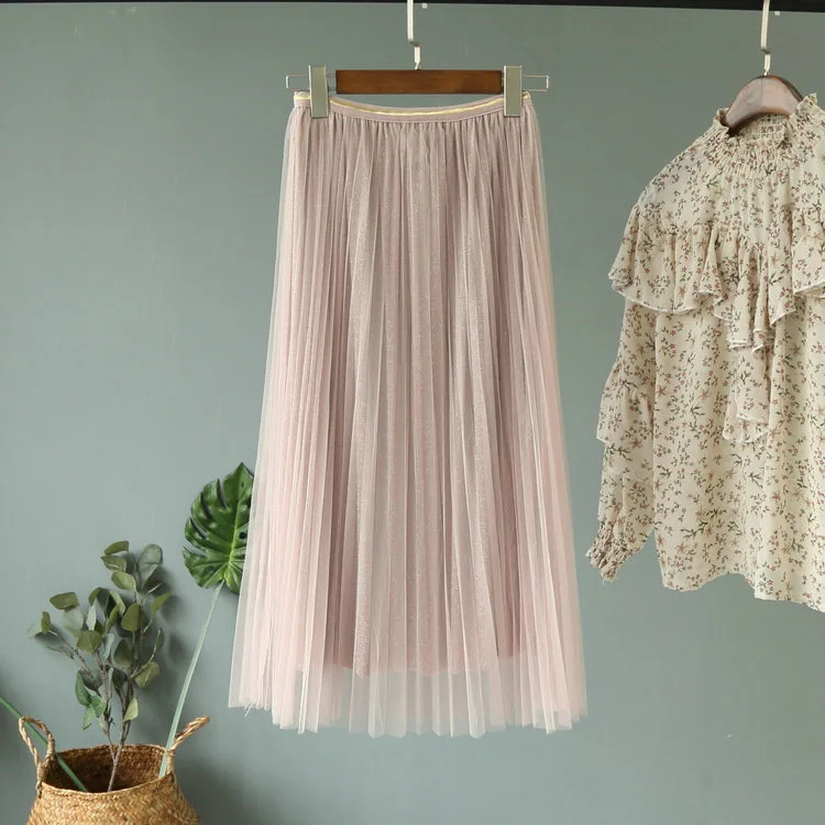 Женские блестящие юбки ALPHALMODA плиссированные длинные до середины икры для весны и