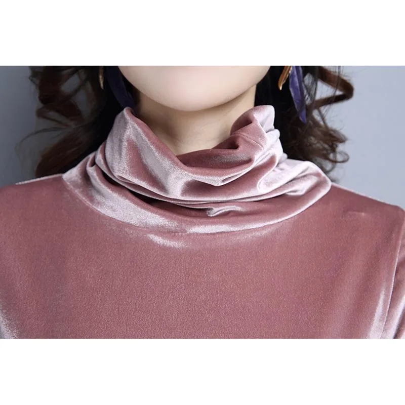 

2019 Autumn Winter Women Turtleneck Gold Velvet Bottoming Shirt Fashion Tees Solid Color Long Sleeved T Shirt Ladies Tops W1052