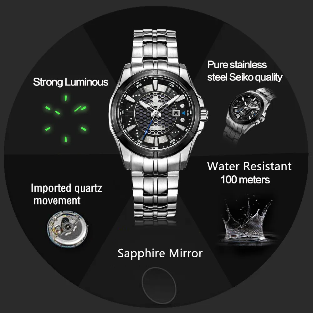 Роскошные брендовые часы мужские деловые светящиеся водонепроницаемые 100 м # CASIMA