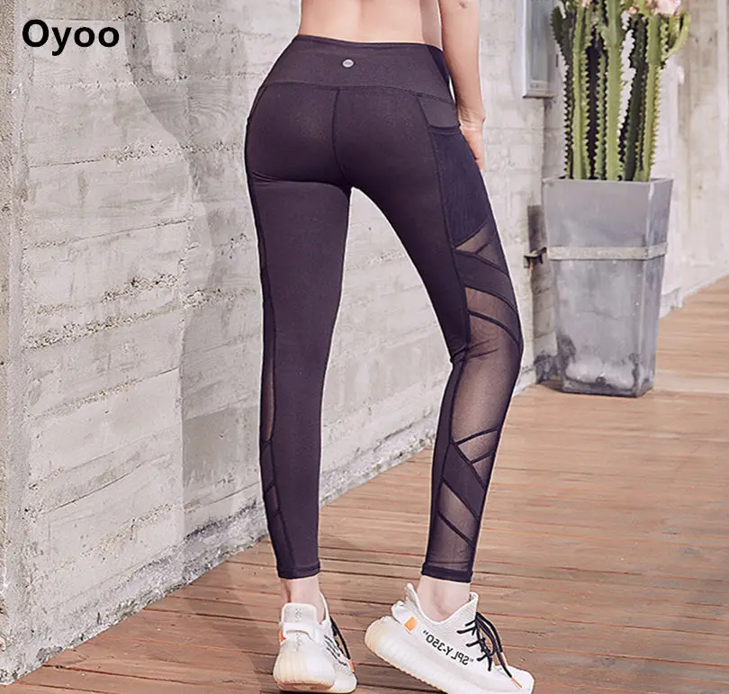black Oyoo с высокой посадкой сетчатые брюки для йоги, детские брюки с карманами и с плетеным кружевом; эластичные сексуальные пуш-ап для бега спортивные Леггинсы черные колготки для занятий фитнесом, спортом для Для женщин - Цвет: black