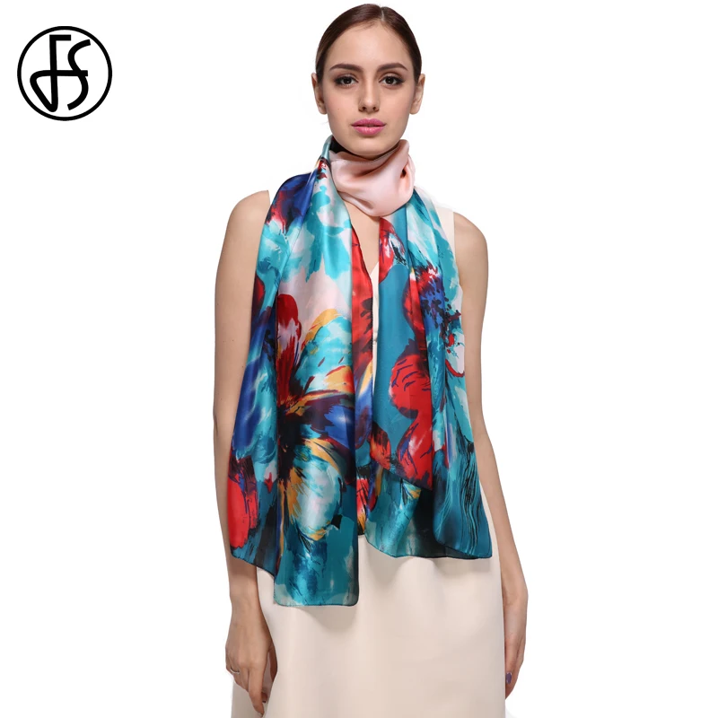 Женский длинный шелковый шарф FS брендовый роскошный хиджаб с цветочным принтом