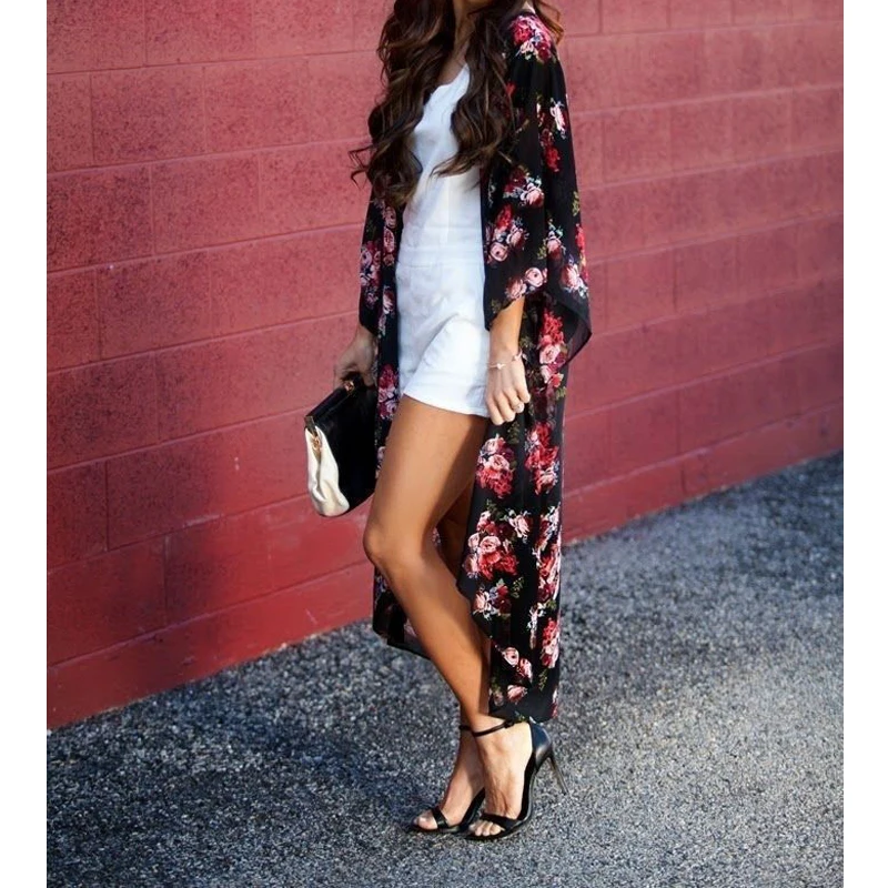 Женское свободное кимоно с цветочным принтом пляжный шифоновый топ в стиле бохо длинное пальто блузка лето