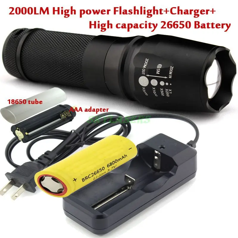 

Zoomable XM-L T6 2000 Lumens 26650/18650/AAA Zoom LED Flashlight Torch + 6800Mah 26650 battery + Charger