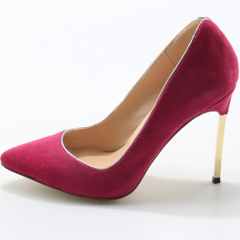Hot Pink Faux Suede Leather Ladies Sexy High Heels Gold Rim Blade Heel Stiletto Shalow Slip On Pumps Dress Shoes | Обувь