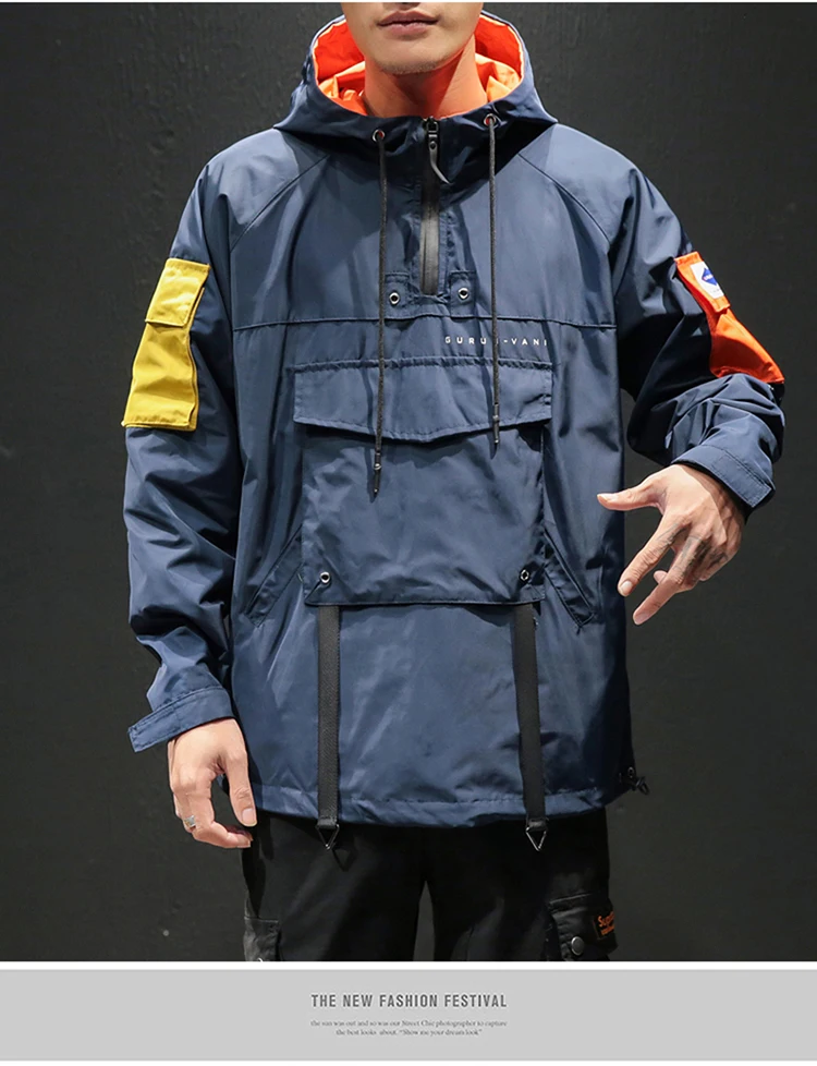 Hip Hop Spring Jackets Men Windbreaker Patchwork Autumn Loose Casual Hooded Jacket Male Coats Zipper Tracksuit Streetwear