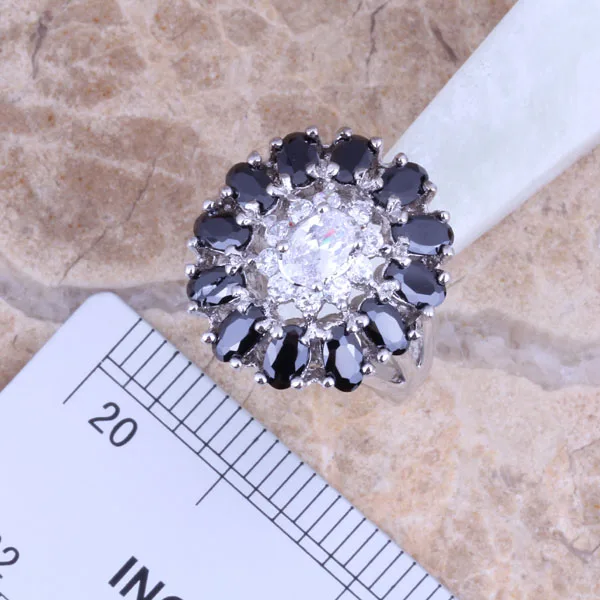 Ювелирные наборы с черными фианитами сережки кулон кольцо Размер 6 / 7/8/9/10 S0428|silver