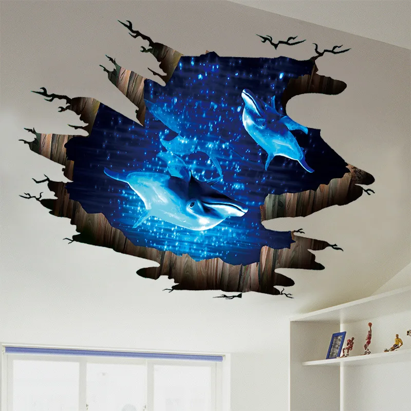 [Fundecoration] 3D Phantom dolphins разбитые настенные наклейки съемные гостиная спальня пол