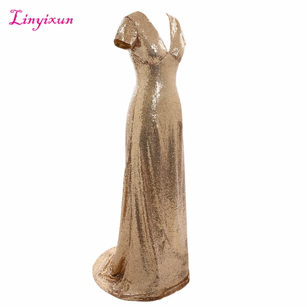 Платье подружки невесты Linyixun длинное платье цвета шампанского с блестками и