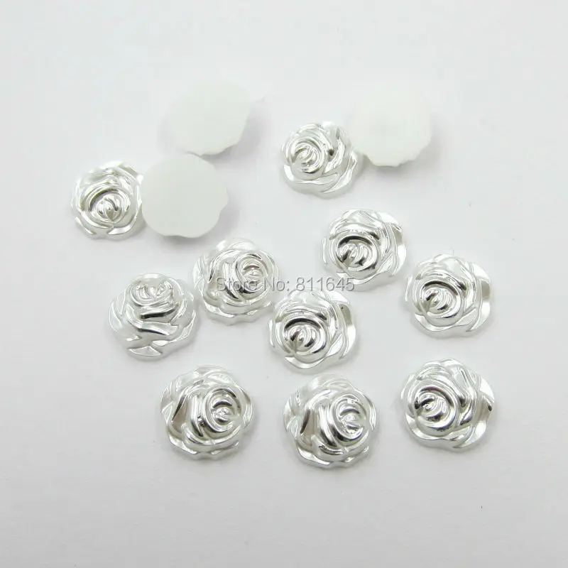 

500pcs 12mm White Hot Stamping Rose Flower Shape Imitation Pearls Silver Plated Beads For Nail Art Phone Wedding Decoration