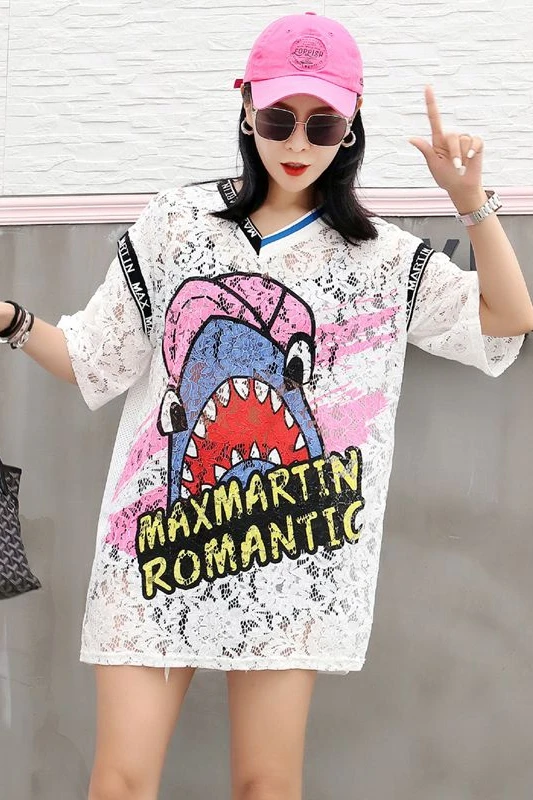 

Summer short-sleeved T-shirt female 2019 women's new v-neck cartoon printing t-shirt female five-point sleeve loose lace shirt