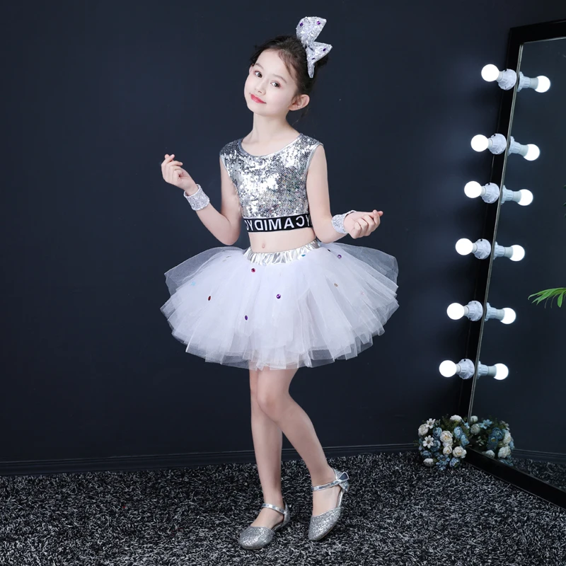Sequin jazz dance costumes girls top salsa skirt modern dancing dress girl Kids competition costume dancewear |