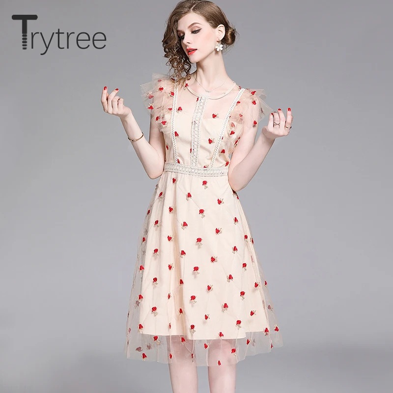 Trytree летнее платье элегантное женское кружевное красивое Сетчатое украшение