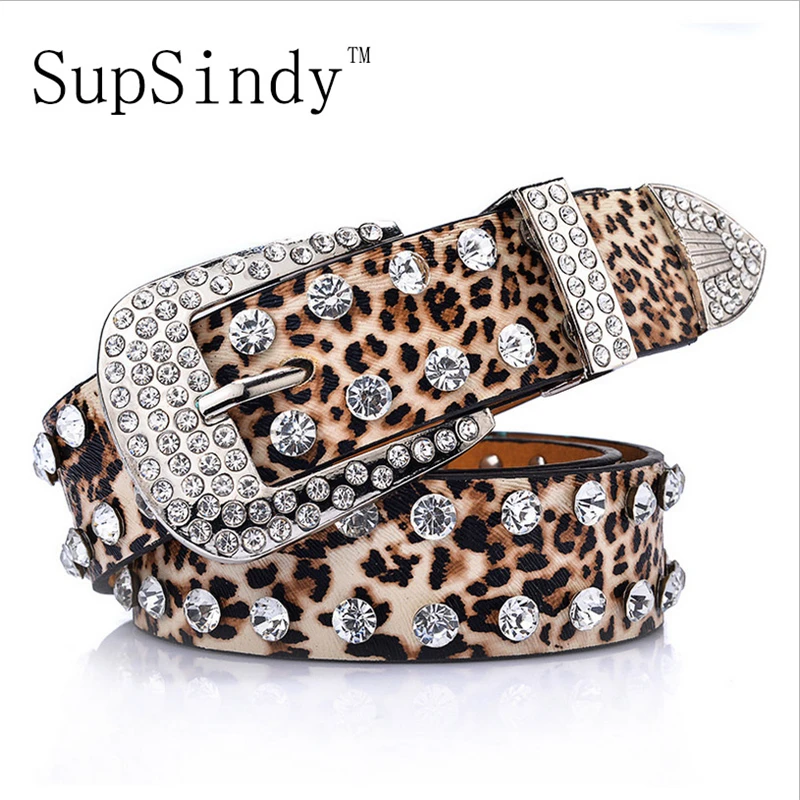 SupSindy women belt pin buckle luxury Rhinestones leopard print PU leather belts for women best quality Female strap for jeans