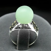 hot sell noble free shipping rare 8mm light green natural stone beads marcasite 925 sterling silver ring size 78910