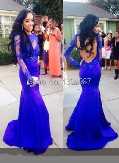 

Fashinable 2015 Saudi Arabian Prom Dresses Sexy Style High Neck Backless Illusion Full Sleeves Lace Blue Mermaid Prom Dresses