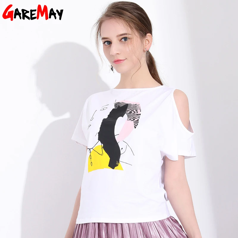 GAREMAY Summer T Shirt Women Funny Casual Print Tee Femme Sexy Off Shoulder Short Sleeves Slim Top O-Neck Female T-shirt | Женская