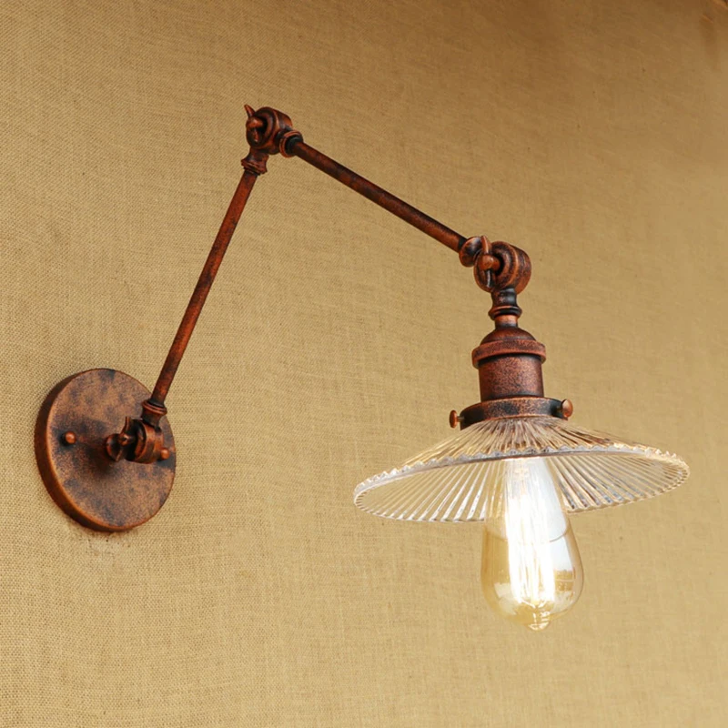 

Vintage Industrial metal wall lamp glass lampshade LED bulb free adjust long swing arm for bedroom restaurant bar LED E27