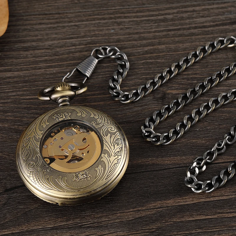 Luxury Bronze Vintage Mechanical Pocket Watch Necklace Men Engraved Skeleton Hand Wind Pendant Watch Steampunk With Chain Gift