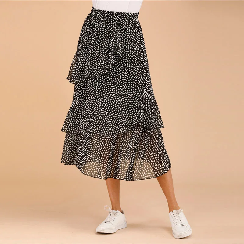 Dotfashion черно-белая многослойная юбка с принтом для женщин Лето Бохо весна Дамская мода трапециевидная Юбка со средней талией