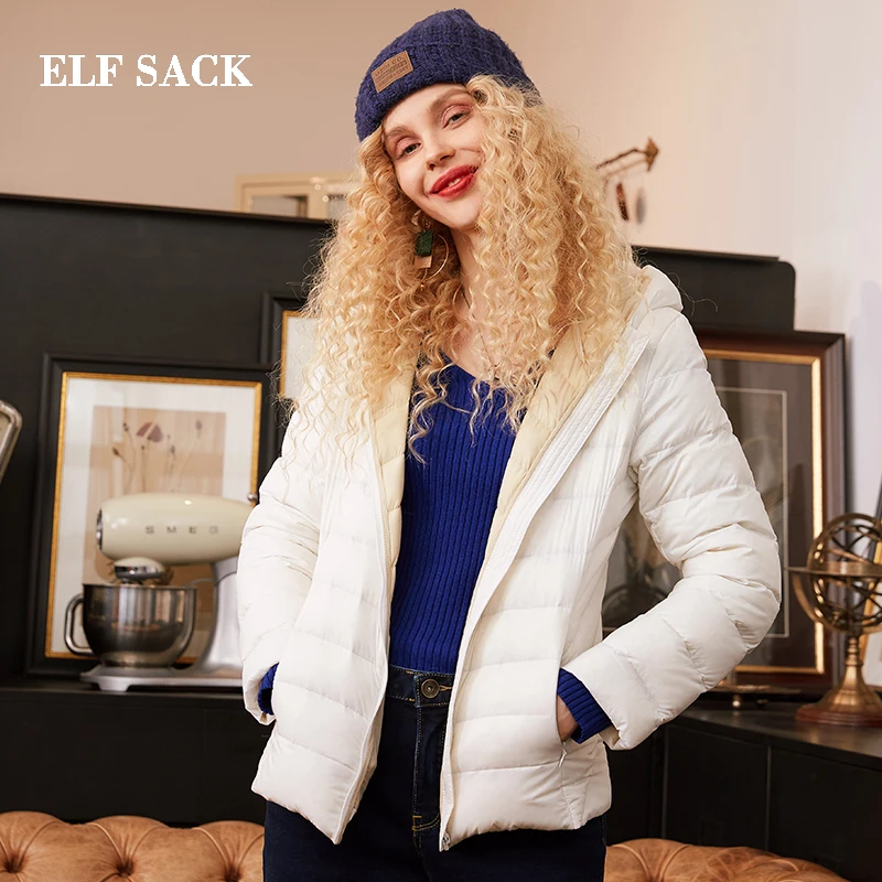 ELFSACK новинка зимнее женское пальто ультра легкое 90% белого утиного пуха с длинным