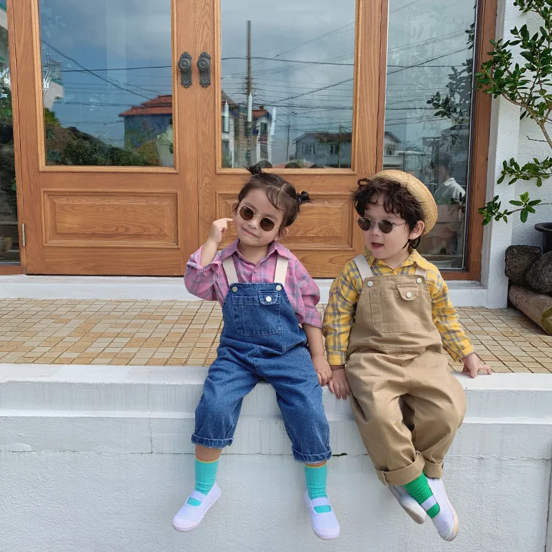 Autumn kids fashion Ribbon straps denim overalls boys girls all-match 2 colors suspender trousers 1-6Y | Мать и ребенок