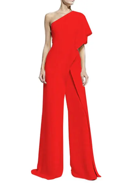 White Long Jumpsuit One Shoulder Short Sleeve Asymmetrical Wide Leg For Women's. | Женская одежда