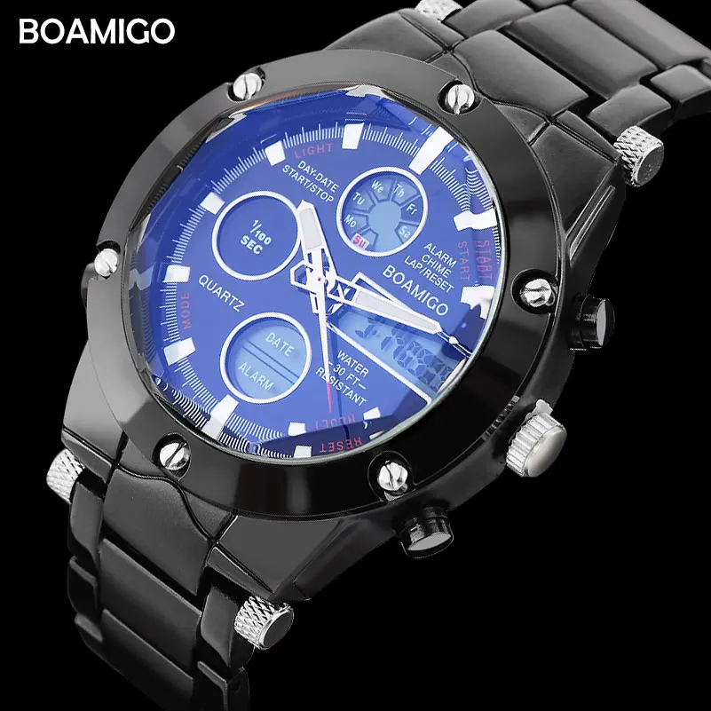 

Men Sports Watches BOAMIGO Men Steel Watch Black Bracelet LED Digital Wristwatches Analog Quartz Watch gift clock Reloj Hombre