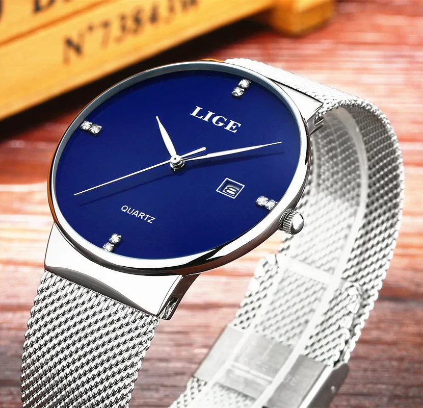 Часы наручные LIGE Мужские кварцевые ультратонкие брендовые простые со стальным