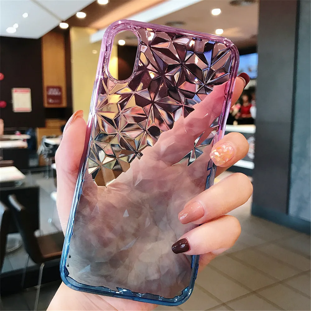 Gradient Color Chic 3D Crystal Diamond Phone Cases For OPPO R11s Plus Transparent Lingge Covers R15 R15pro Soft |