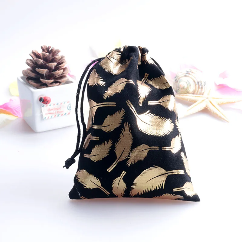 50pcs/lot 10x14cm Feather Design Velvet Bags Small Wedding Drawstring Gift Bag Pouches Cute Jewelry Candy Packaging | Дом и сад