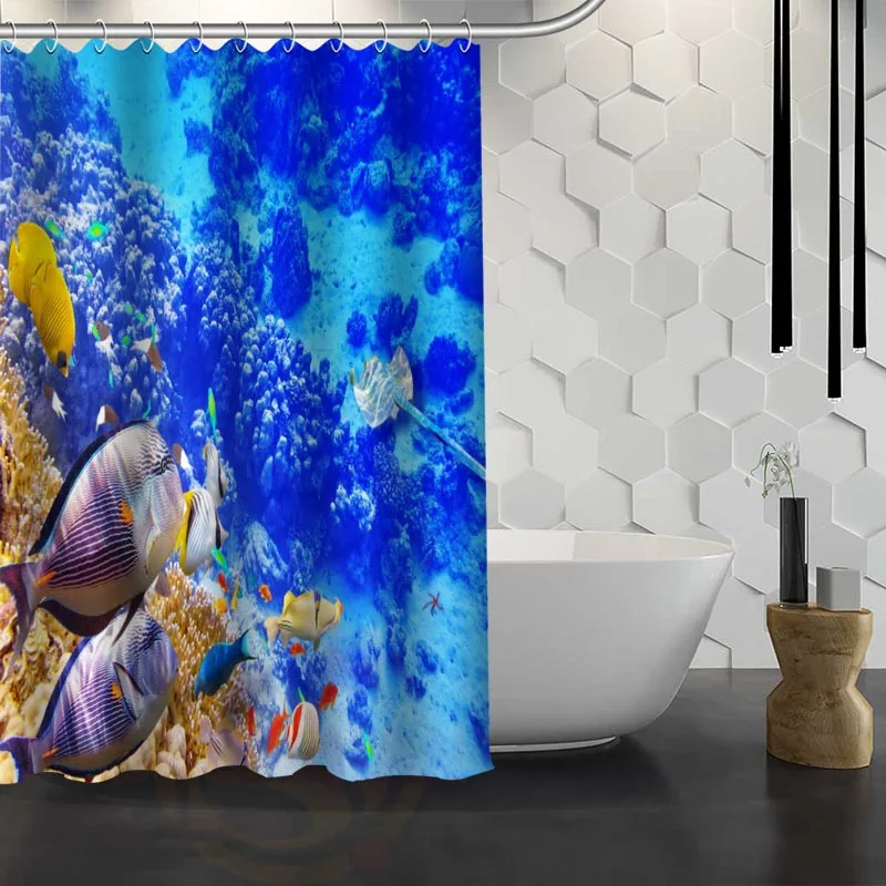 

Hot Sale Custom Underwater World Fish Shower Curtain Waterproof Fabric Shower Curtain for Bathroom F#Y1-17