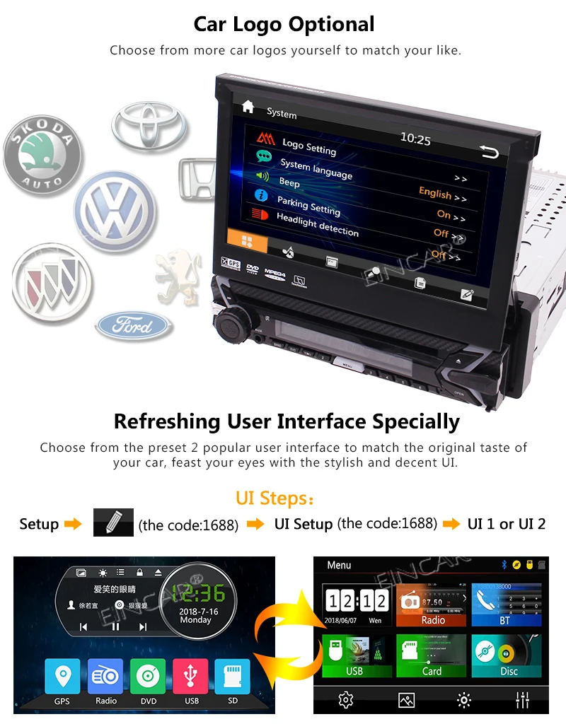 Bluetooth Headunit Support Audio/Video output Colorful Button Two UIs + Rear Camera Single 1 Din Car DVD Player In Dash GPS Navi |