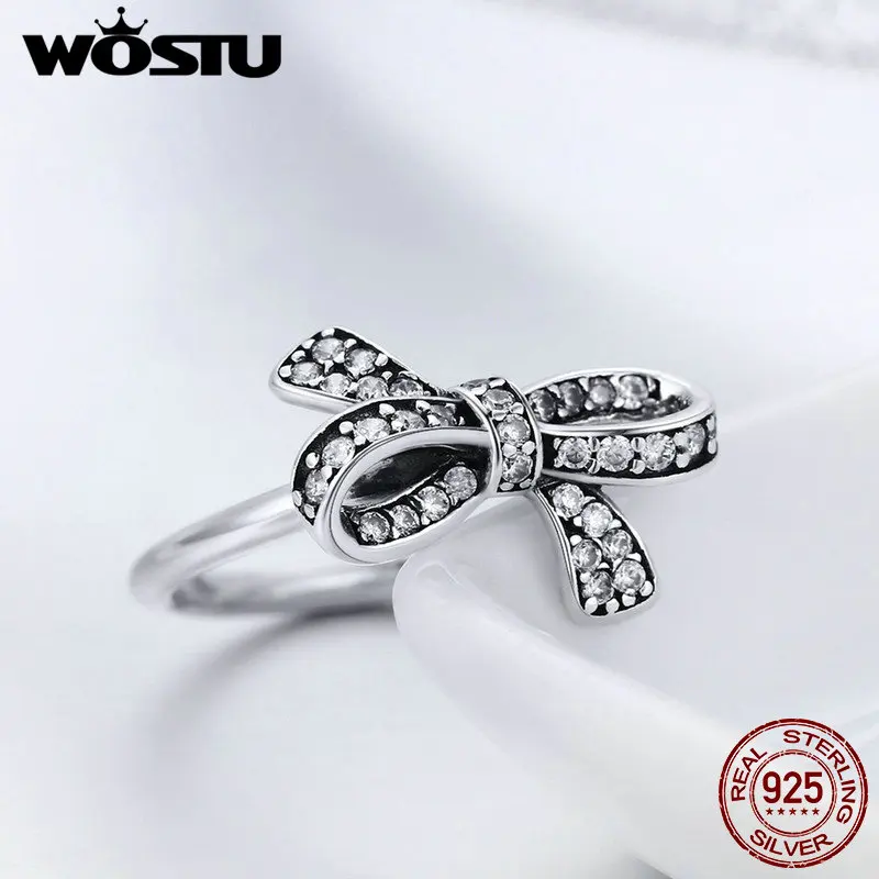 WOSTU Настоящее серебро 100% 925 пробы любовь бант палец кольца для женщин модные