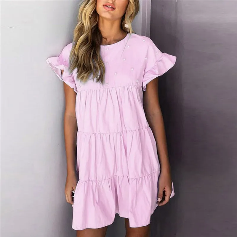 Летнее женское свободное платье с оборками и коротким рукавом мини-платье