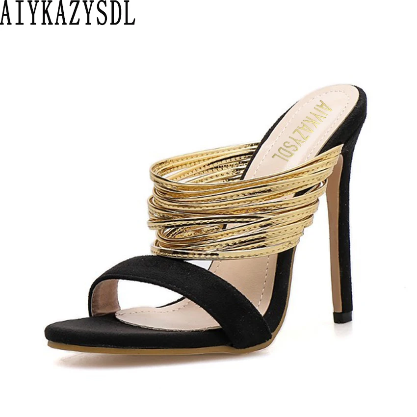 

AIYKAZYSDL Women Mules Slides Mixed Color Shoes Strappy Open Toe Sandals Summer High Heels Stilettos Fetish Party Clubwear Shoes