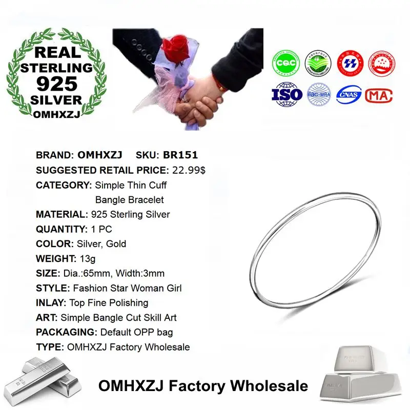 OMHXZJ Wholesale Personality Fashion OL Woman Girl Party Gift Silver Simple Thin 925 Sterling Cuff Bangle Bracelet BR151 | Украшения и