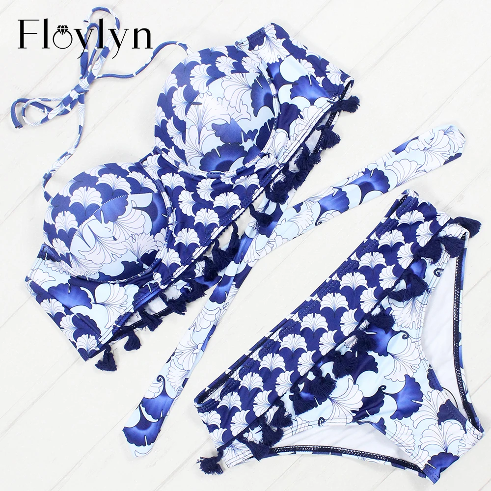 Floylyn Sexy Floral Print High Waist Swimsuit Tassel Bikini Push Up Swimwear Women Vintage Biquini Bathing Suit Maillot De Bain | Женская