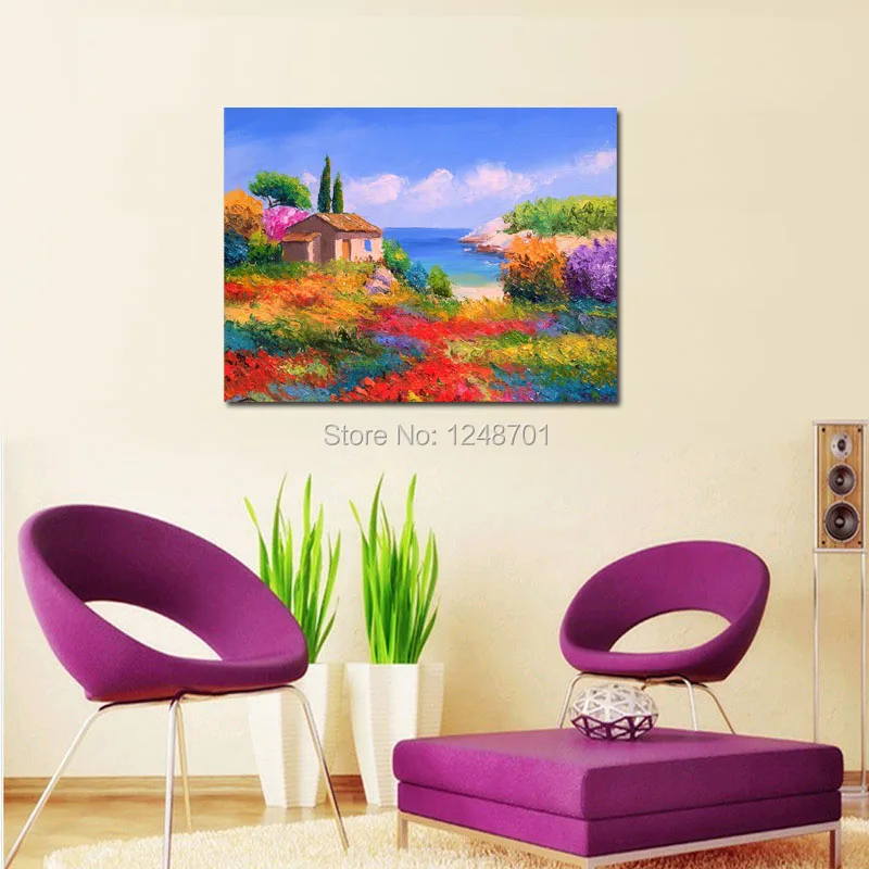 

Handpainted modern flower filed house picture spring scenery oil painting on canvas for wall decoration