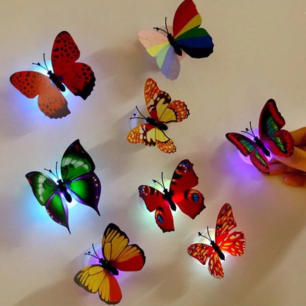 10pcs 3D Innovative LED Lighting Colorful Butterfly Cute Night Light Home Room Desk Decorative Wall Lights Color | Дом и сад