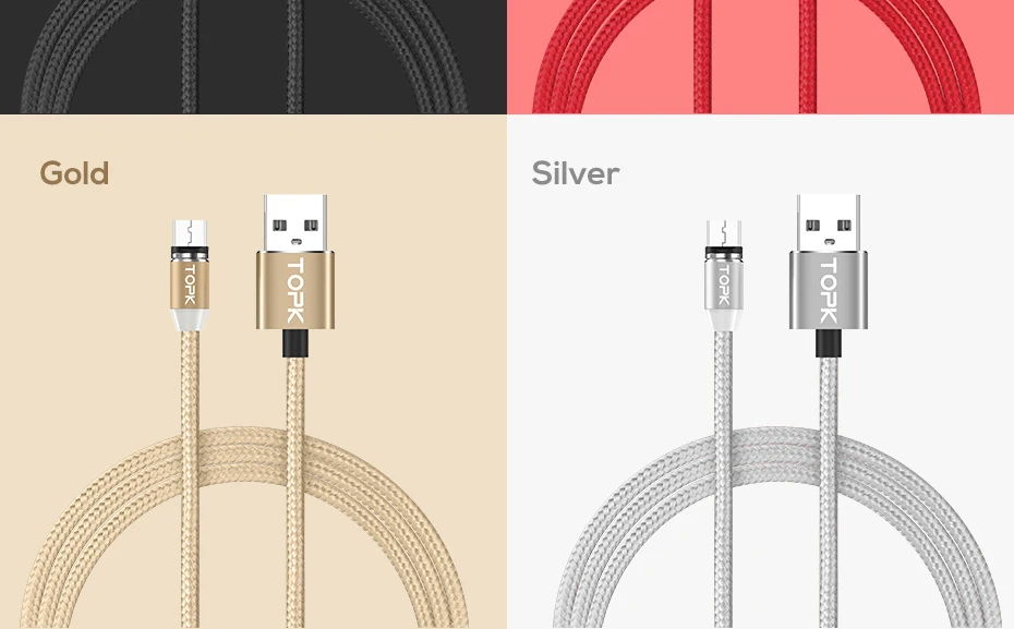 Магнитный кабель TOPK R-Line2, 1 м и 2 м, кабель Micro USB, светодиодный, индикатор, нейлоновая оплетка, Магнитный зарядный кабель для samsung S7 Edge