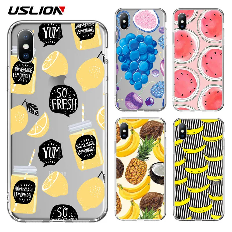 Прозрачный чехол USLION с рисунком арбуза и фруктов для iPhone X XS XR Xs Max мягкий