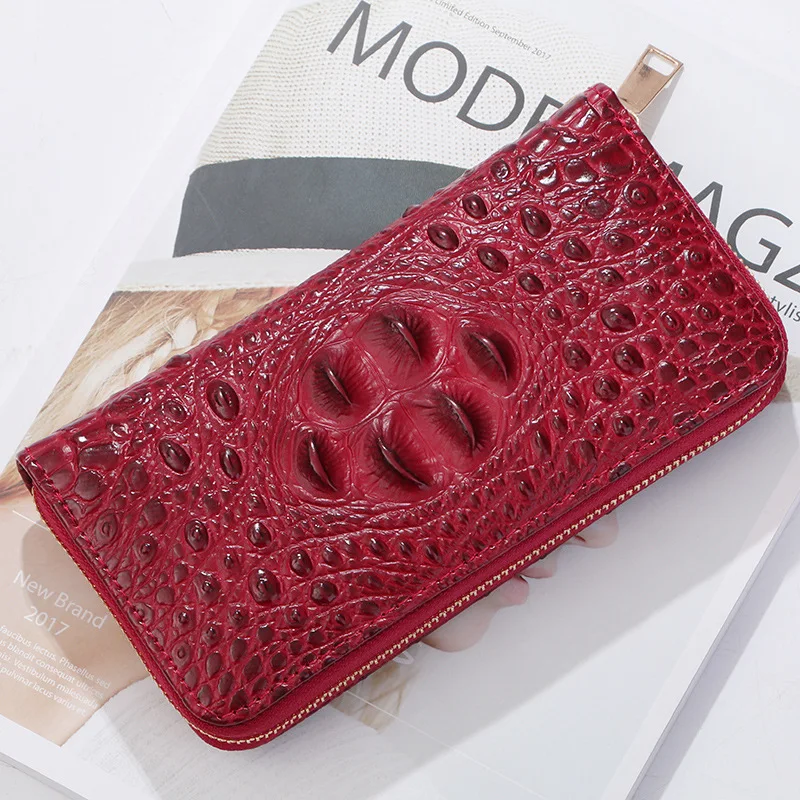 red Солидный мужской кошелек, деловой кошелек, кошелек с узором крокодила, мужской держатель для карт, дизайнерский мужской клатч, сумки из кожи аллигатора на молнии - Цвет: red