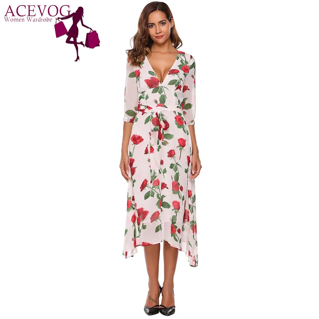 ACEVOG Women Vintage Dress Autumn Fashion V-Neck 3/4 Sleeve High Waist Floral Dresses Feminino Vestidos Femme Robe | Женская одежда