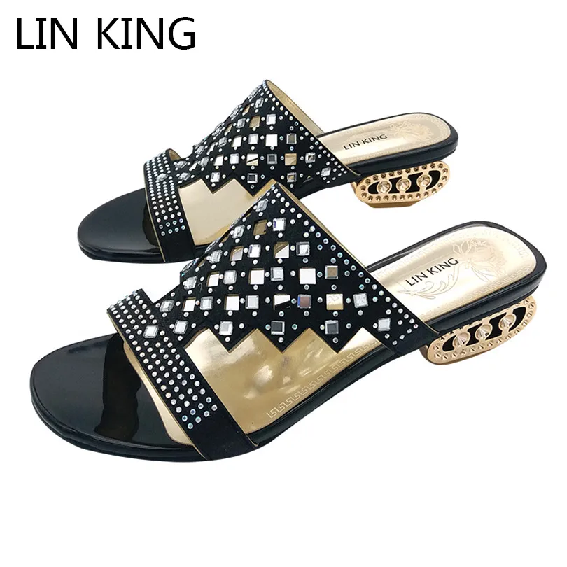 LIN KING/Новый дизайн Женские шлепанцы с перфорацией Стразы в богемном стиле