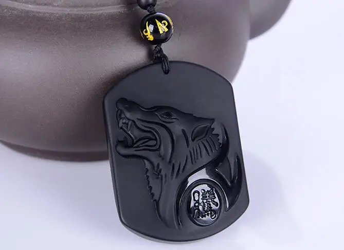 Прямая поставка черный обсидиан гравировка головы волка обдидиановый амулет