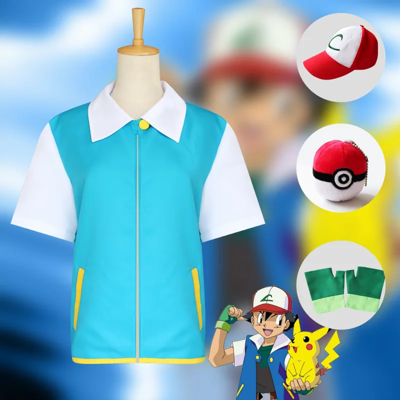 Высокое качество Pokemon Ash Кетчум косплей костюм синяя куртка + перчатки шляпа мяч