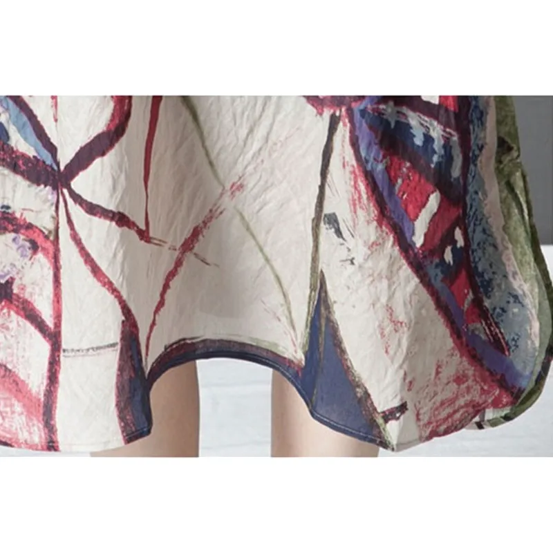 Летнее женское платье из хлопка и льна 2018 модное свободное с принтом средней