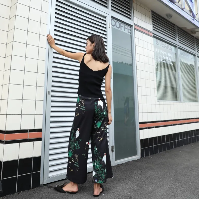 Cheerart Japanese Pants Women Vintage Songhak Print Wide Leg Pants Ankle Length Trousers Summer Loose Harajuku Flare Pants