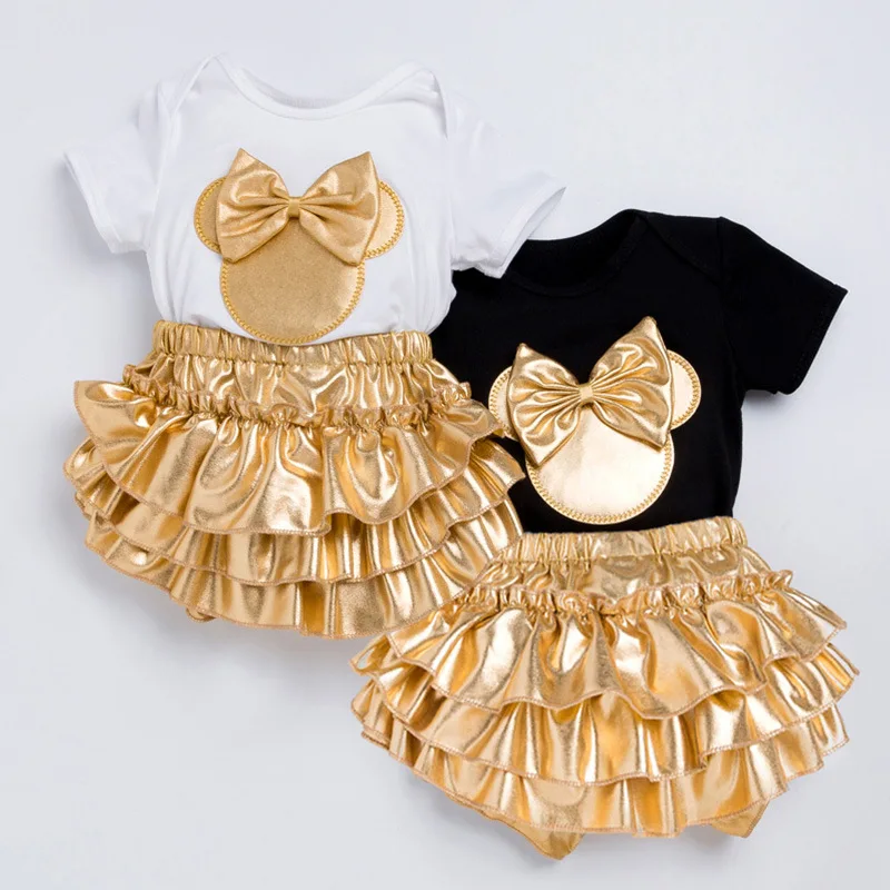 2018 baby girl clothes 3pcs Clothing Sets Black or white Cotton Rompers Golden Ruffle Bloomers Shorts  Headband Newborn Clothes